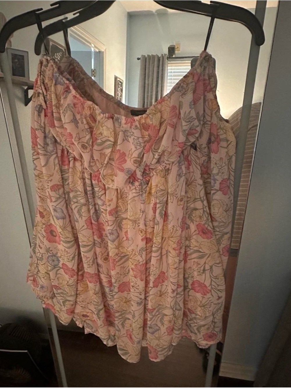 Forever 21 Floral Ruffle Off-Shoulder Mini Dress- Pink Multi